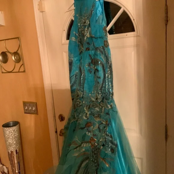 Turquoise and brown peacock prom dress . - Picture 4 of 15